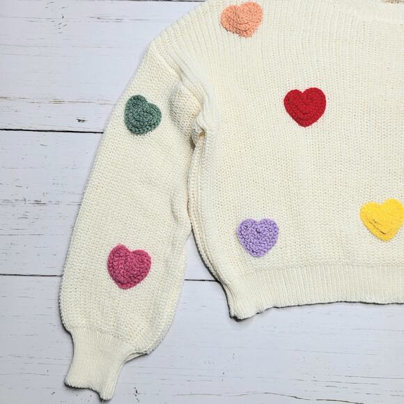 Luna Ivy Viral 3D Heart Sweater Open Weave Lightweight Cream Rainbow Crew Medium - Picture 5 of 8
